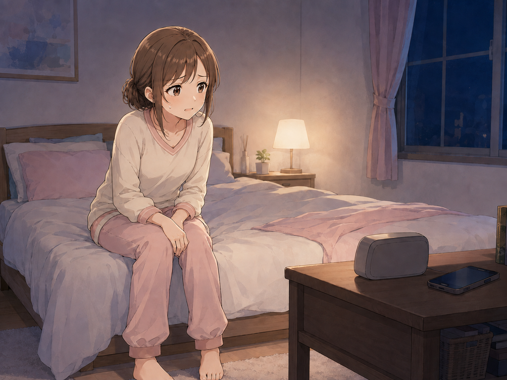 夜の寝室で時計を見ながら、眠らなければと焦る新人看護師