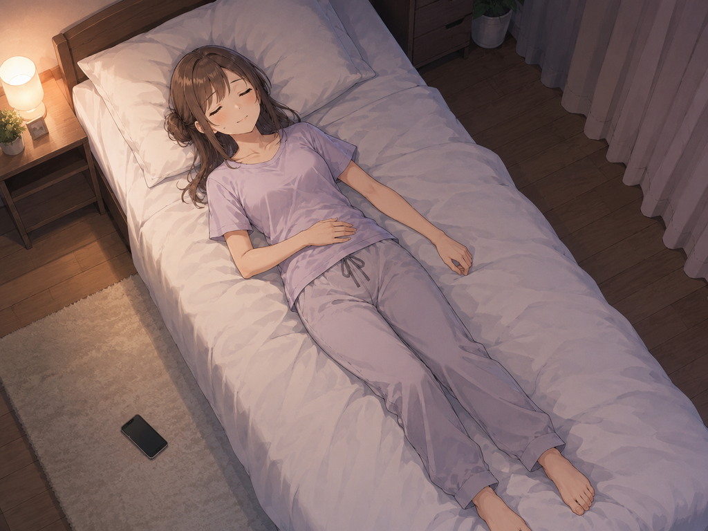 時計とスマートフォンから離れ、ベッドで体を休める新人看護師