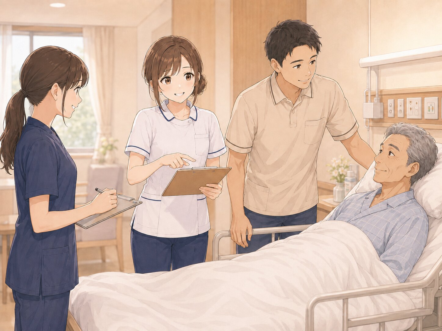 患者を囲み多職種で協力する看護師チーム
