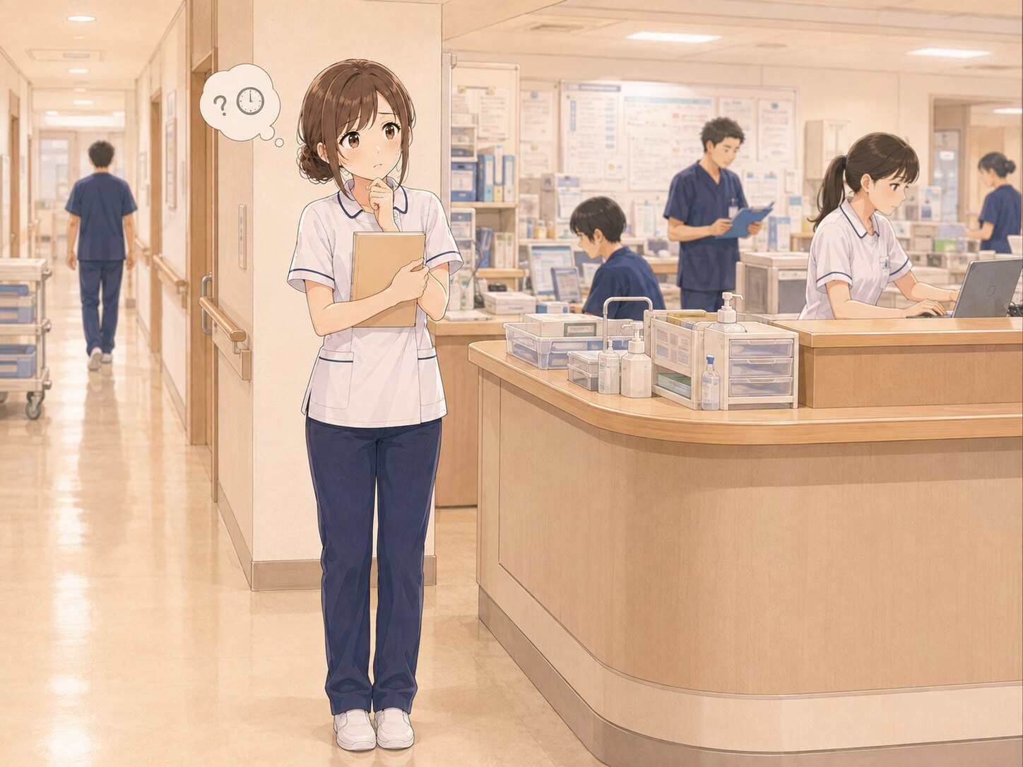 忙しいナースステーションで質問をためらう新人看護師