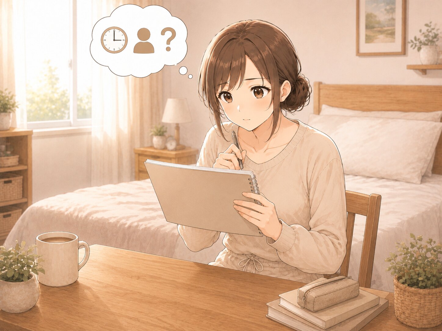 勤務前に短い質問をノートへ整理する新人看護師