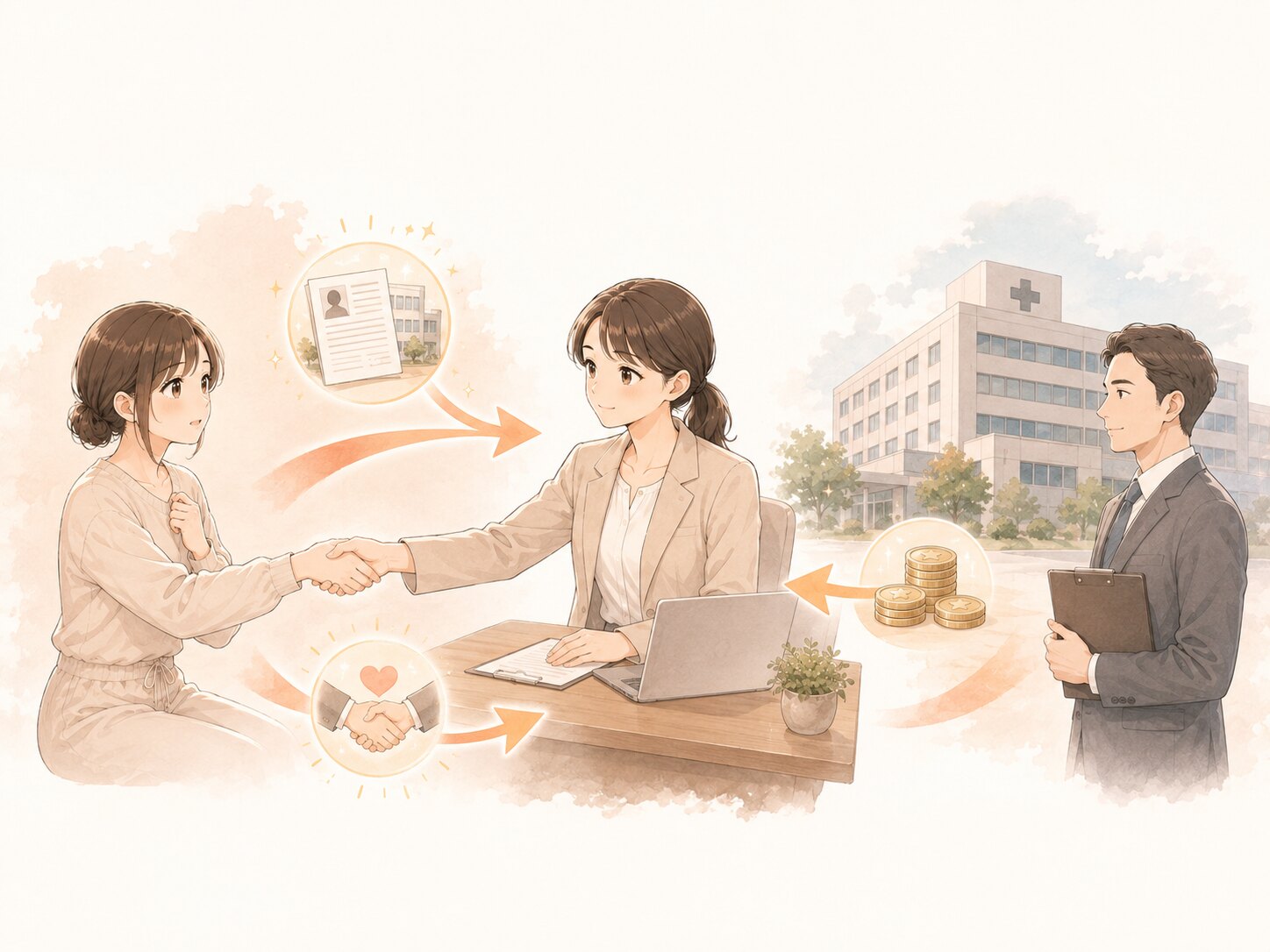 病院と転職サイトと求職者の費用の流れを表したイラスト