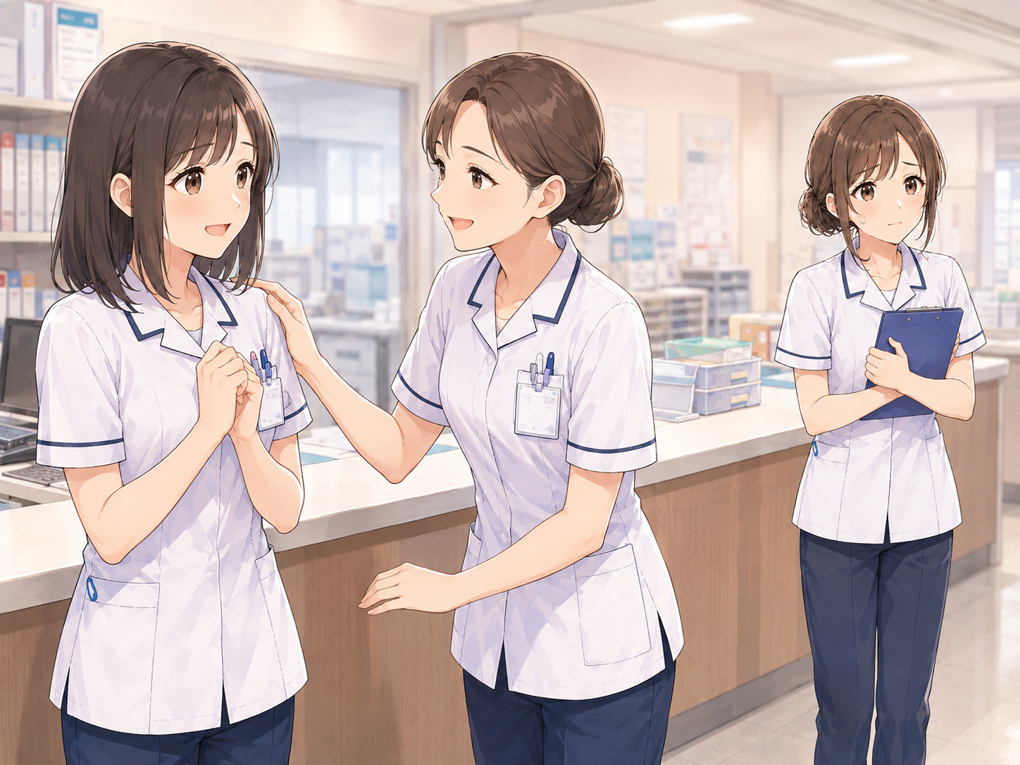 女性の同期が先輩に褒められる姿を見て、自分と比べて落ち込む新人看護師