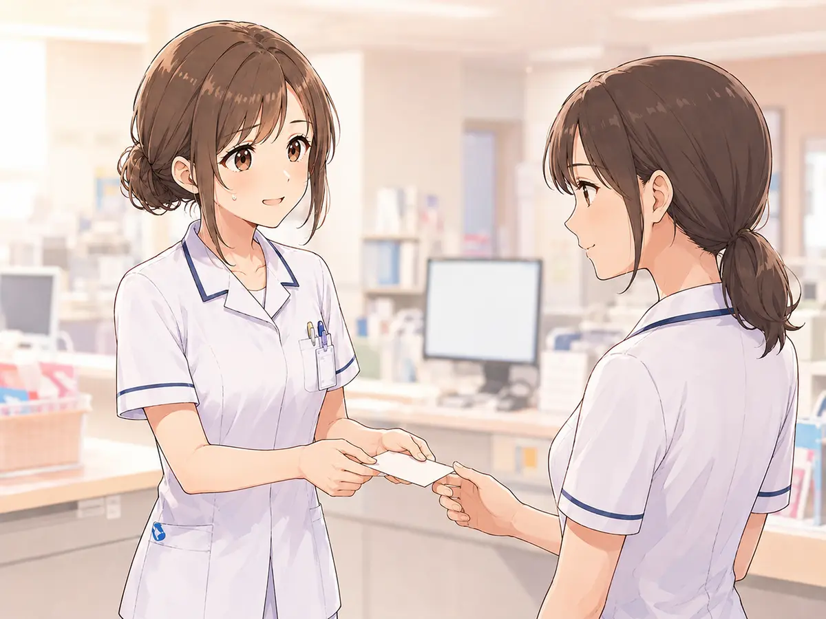 短いメモを見ながら先輩へ落ち着いて申し送る新人看護師