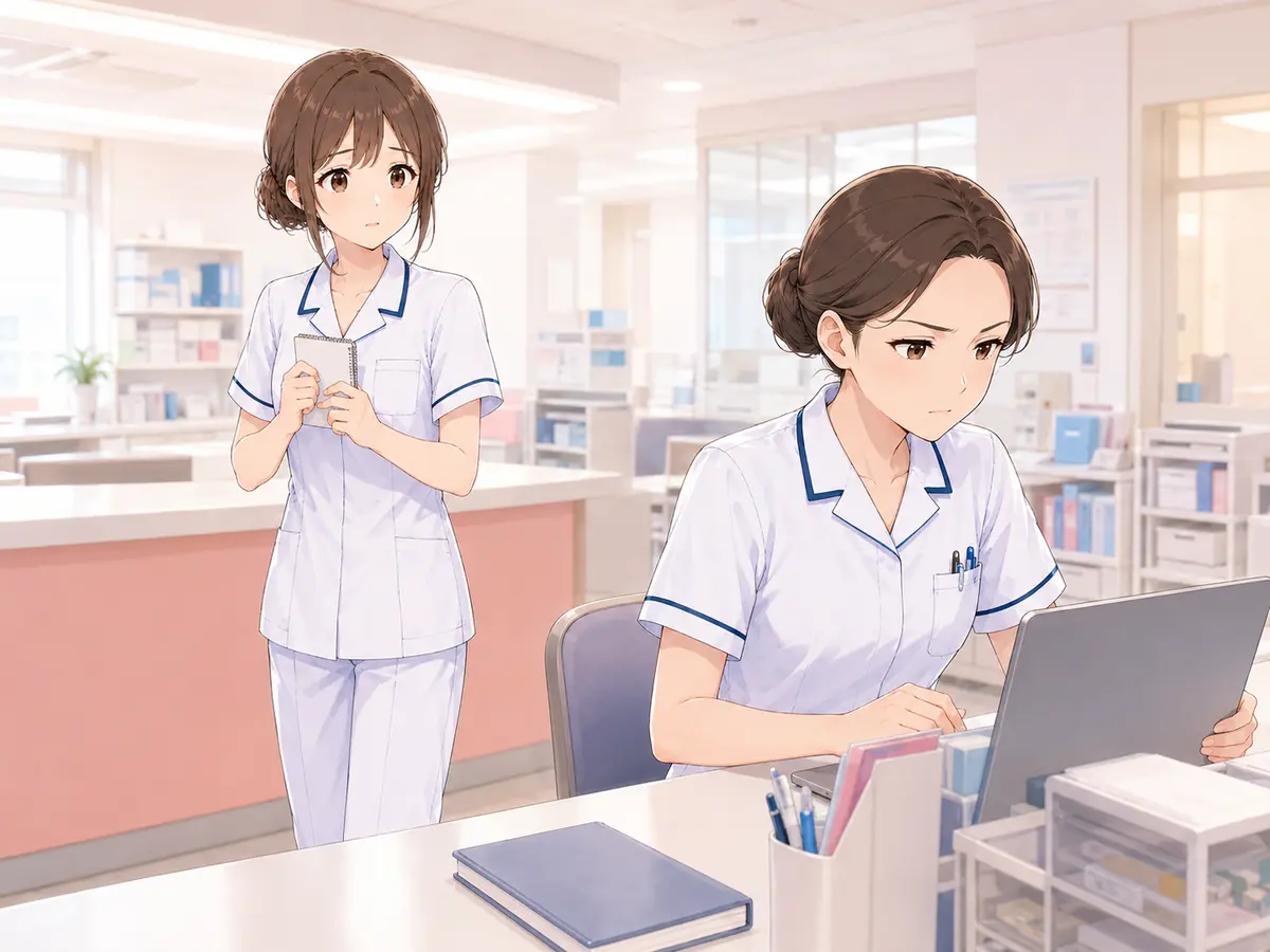 先輩看護師の表情を気にして声をかけるか迷う新人看護師