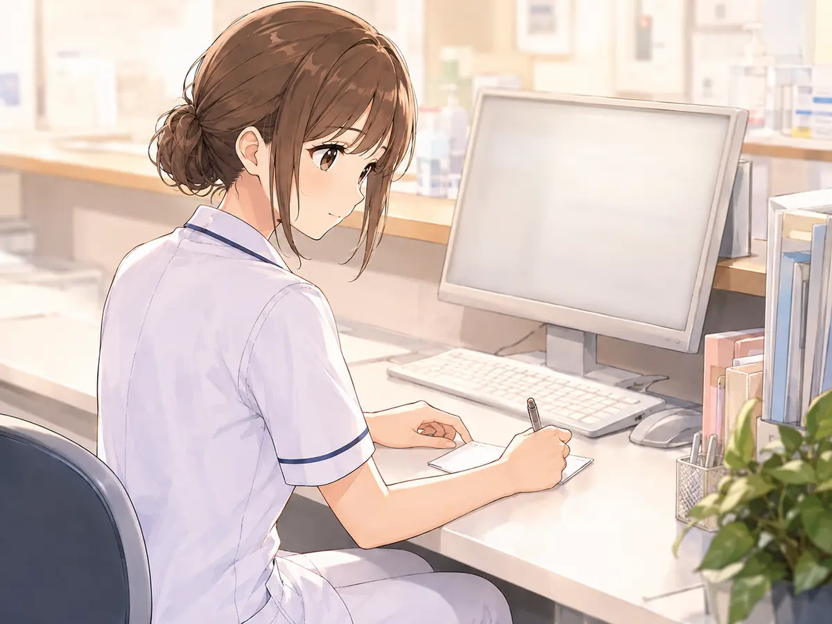 ナースステーションで確認事項をメモする新人看護師
