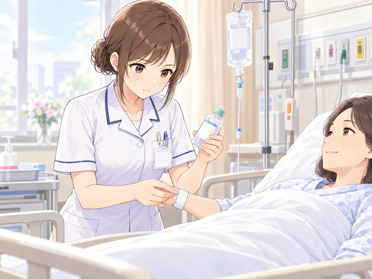 患者のリストバンドと薬剤を確認する新人看護師
