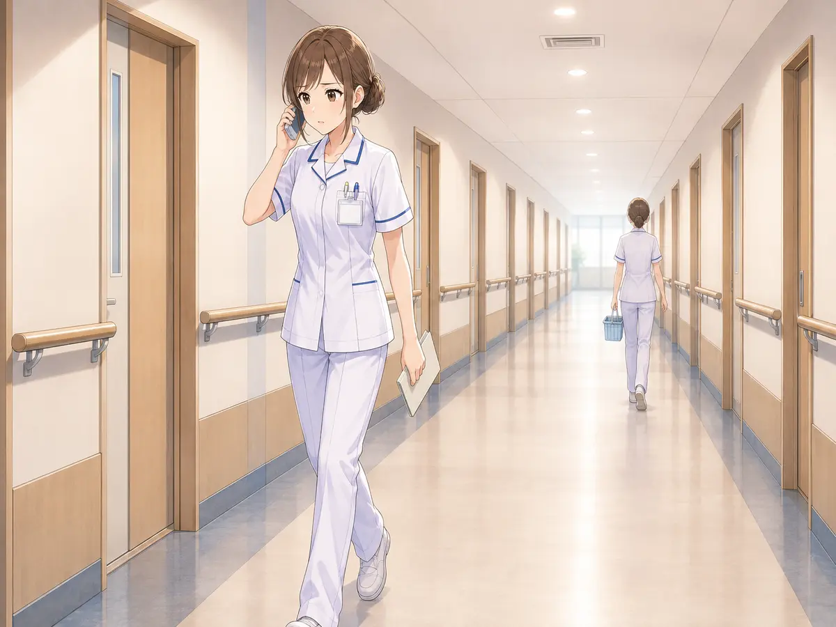 直線の病棟廊下でPHS対応をしながら移動する日勤リーダー看護師