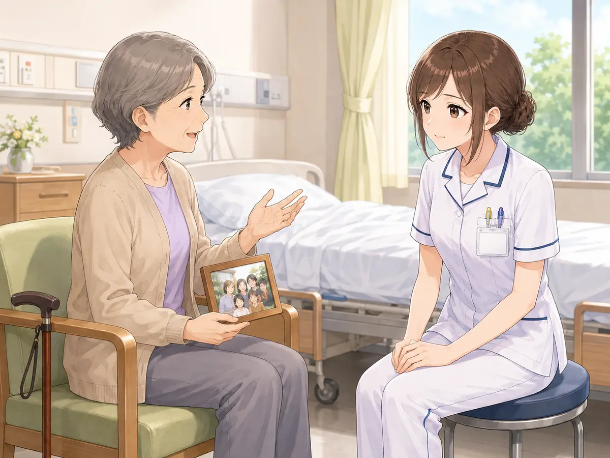 退院後の暮らしについて患者に話を聞く新人看護師