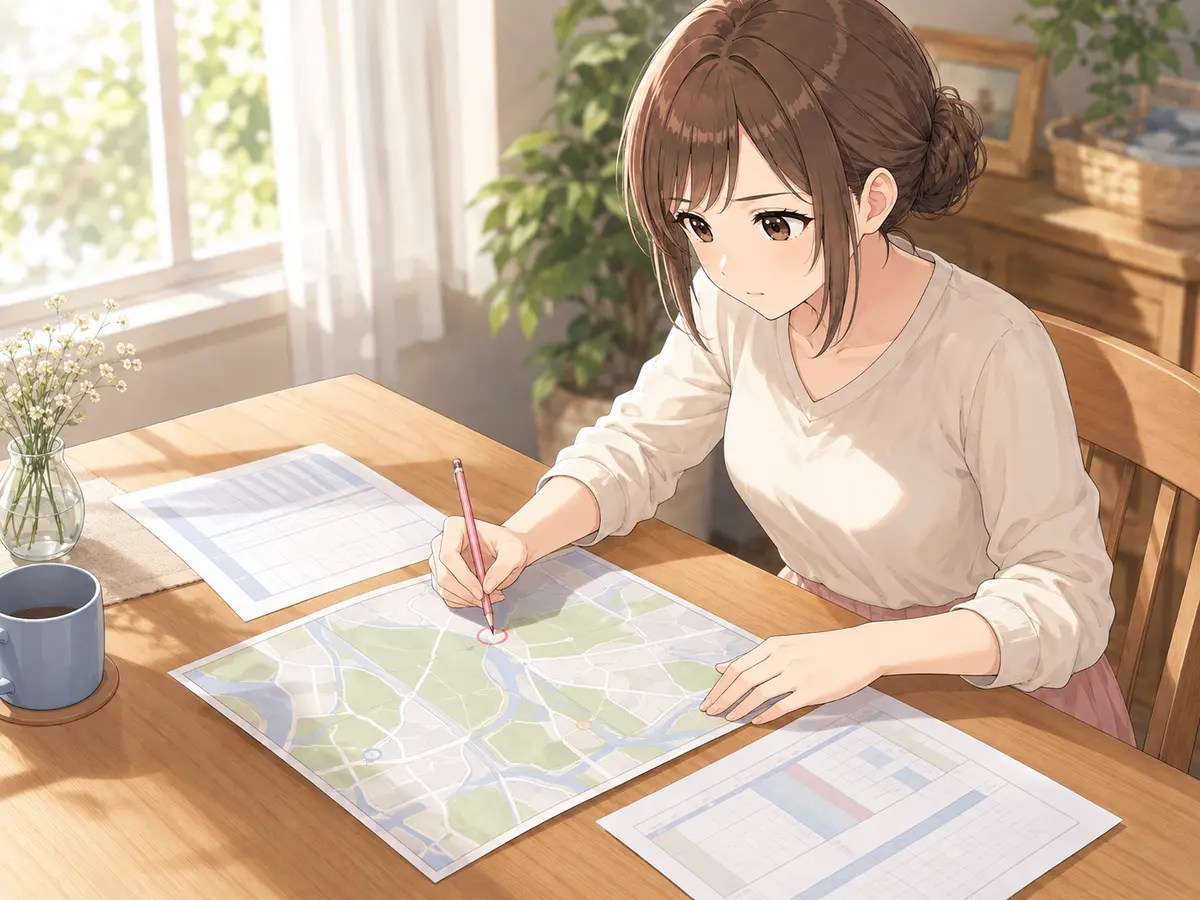 希望エリアと求人資料を見比べる若手看護師