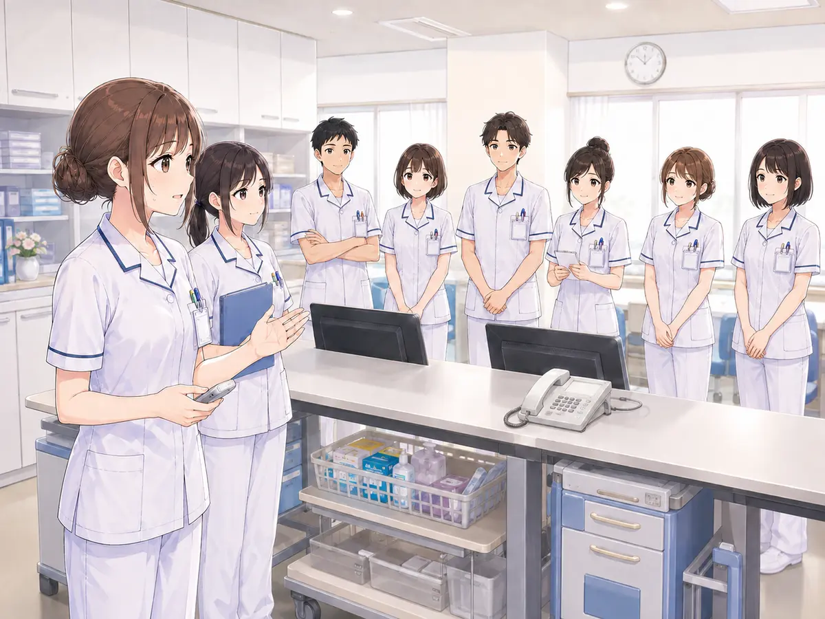 ナースステーション内で朝礼の司会をする若手看護師